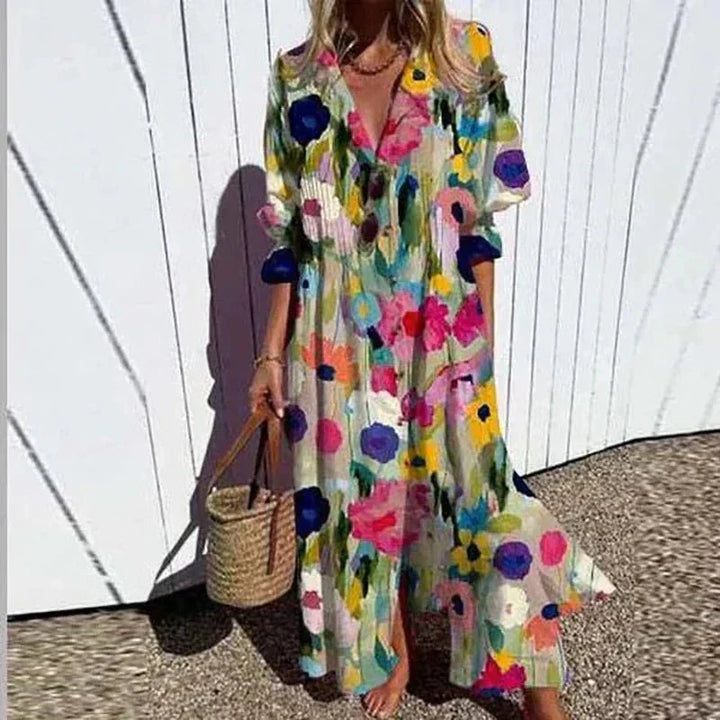 Vivi – Boho-klänning med djup v-ringning och löst sittande snitt