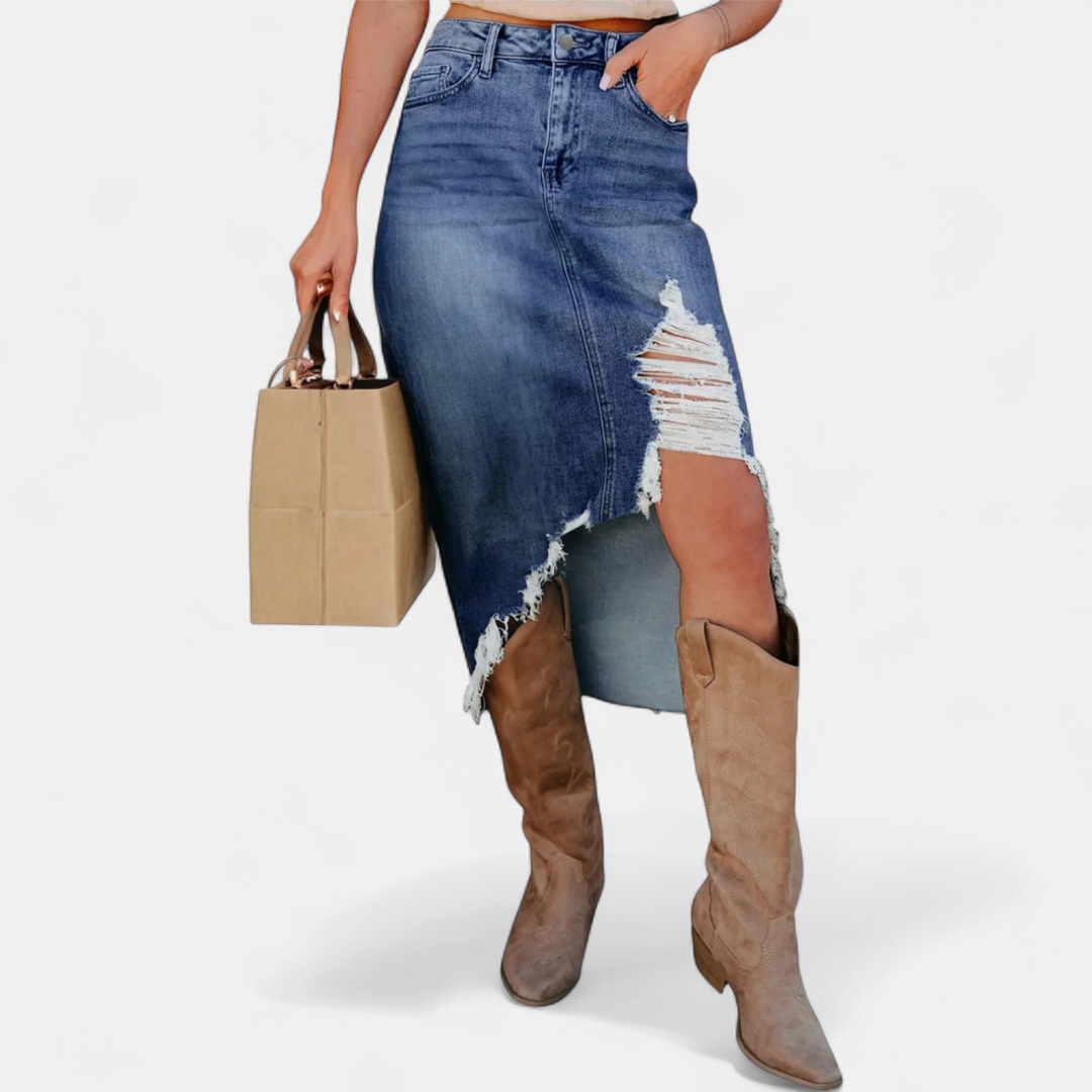 Nikolina – Distressed denimkjol med asymmetrisk kant
