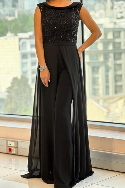 Margit – Festjumpsuit med chiffongkjol och paljetter