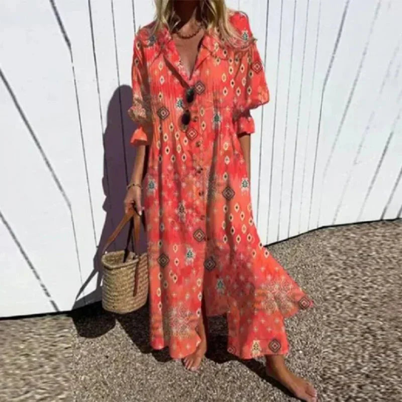 Vivi – Boho-klänning med djup v-ringning och löst sittande snitt