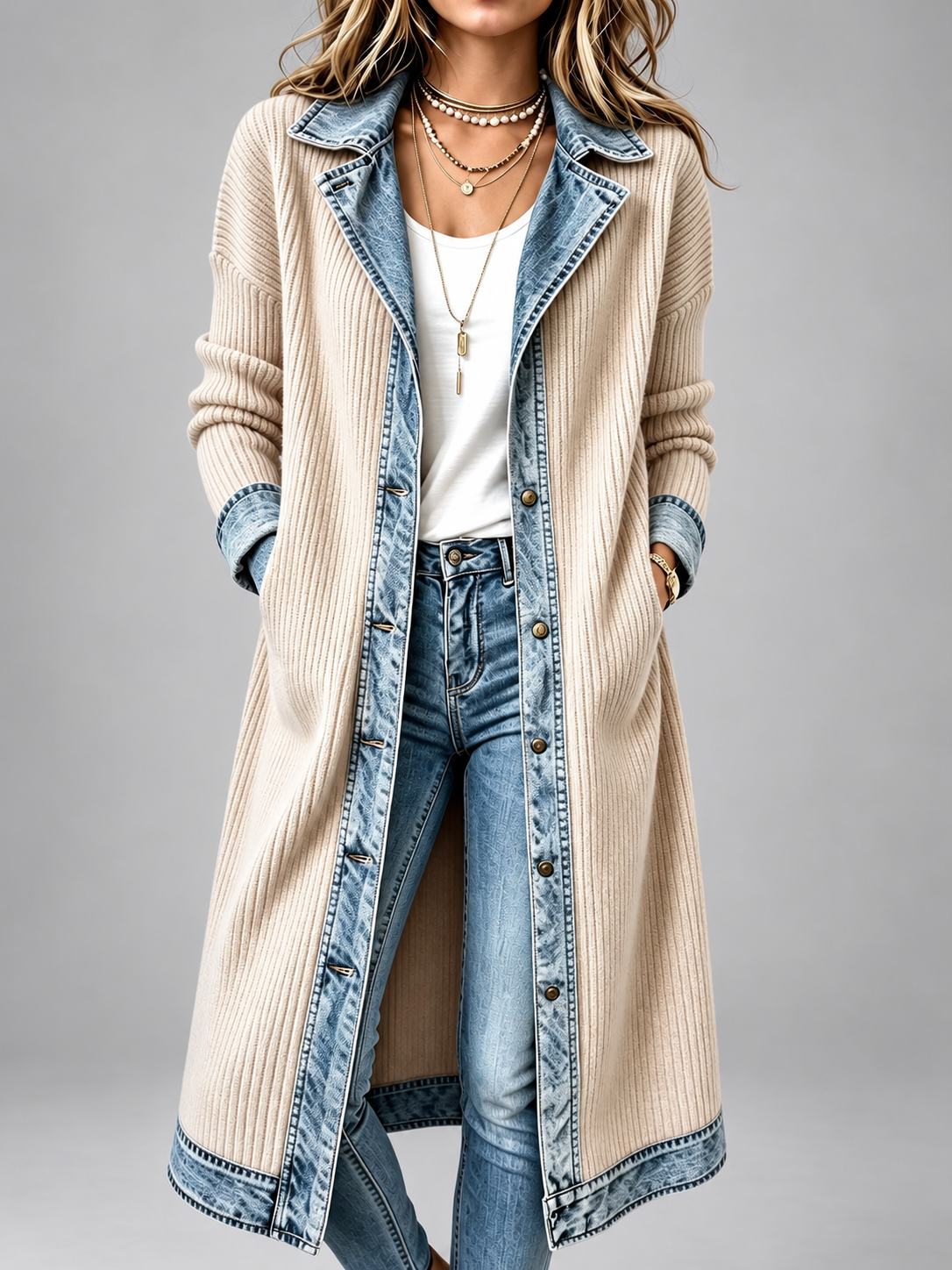 Beata – Lång kappa med denimdetaljer
