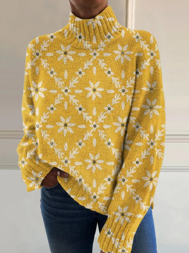 Julia – Stickad polotröja med blomstermönster