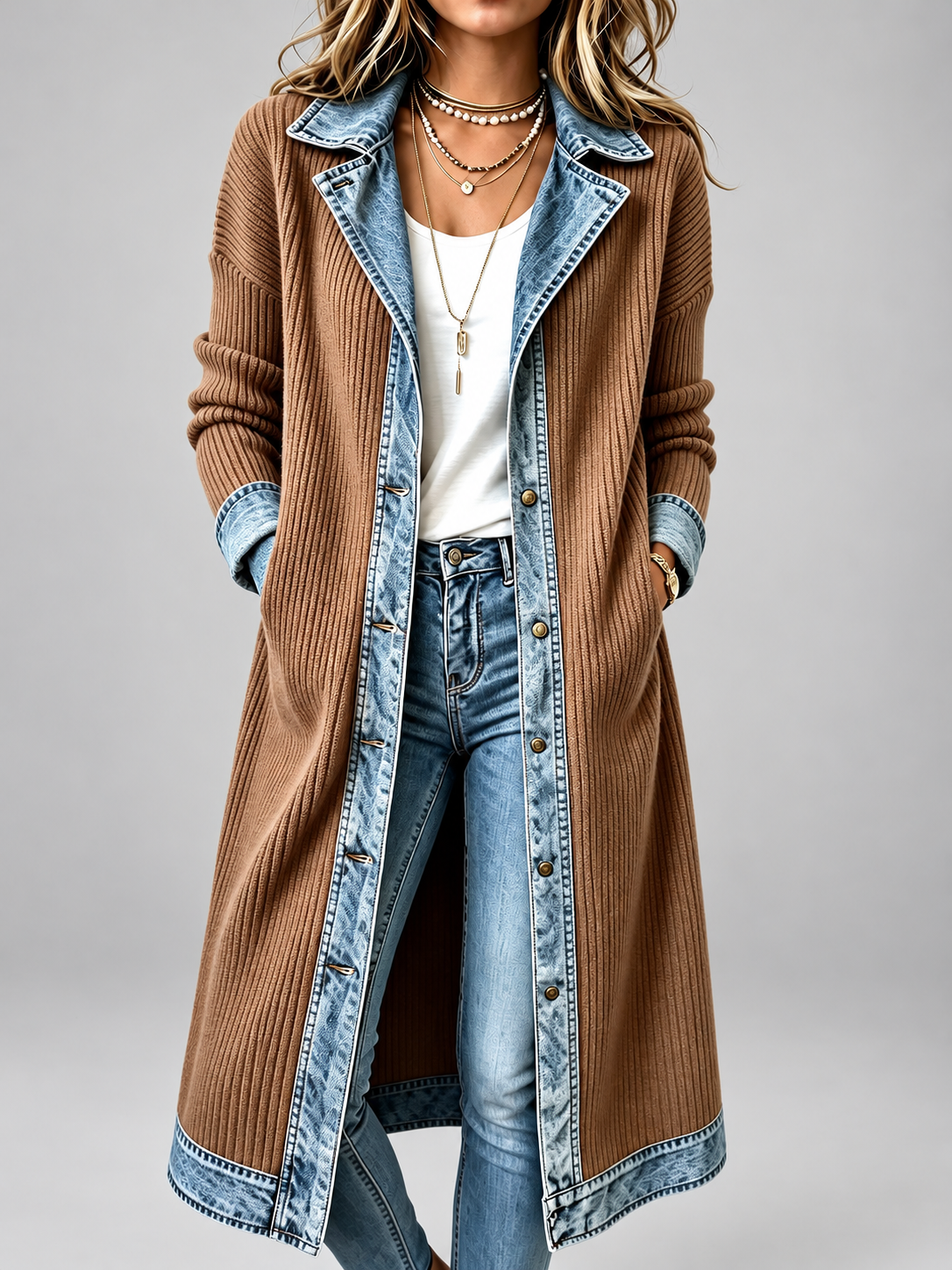 Beata – Lång kappa med denimdetaljer