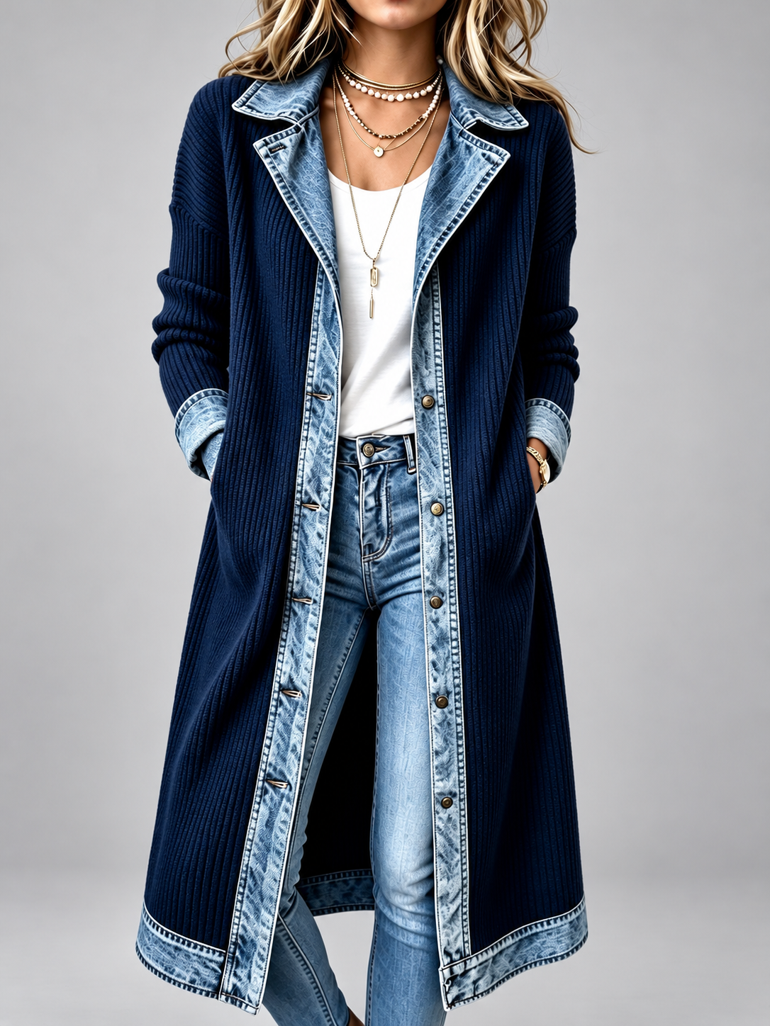 Beata – Lång kappa med denimdetaljer