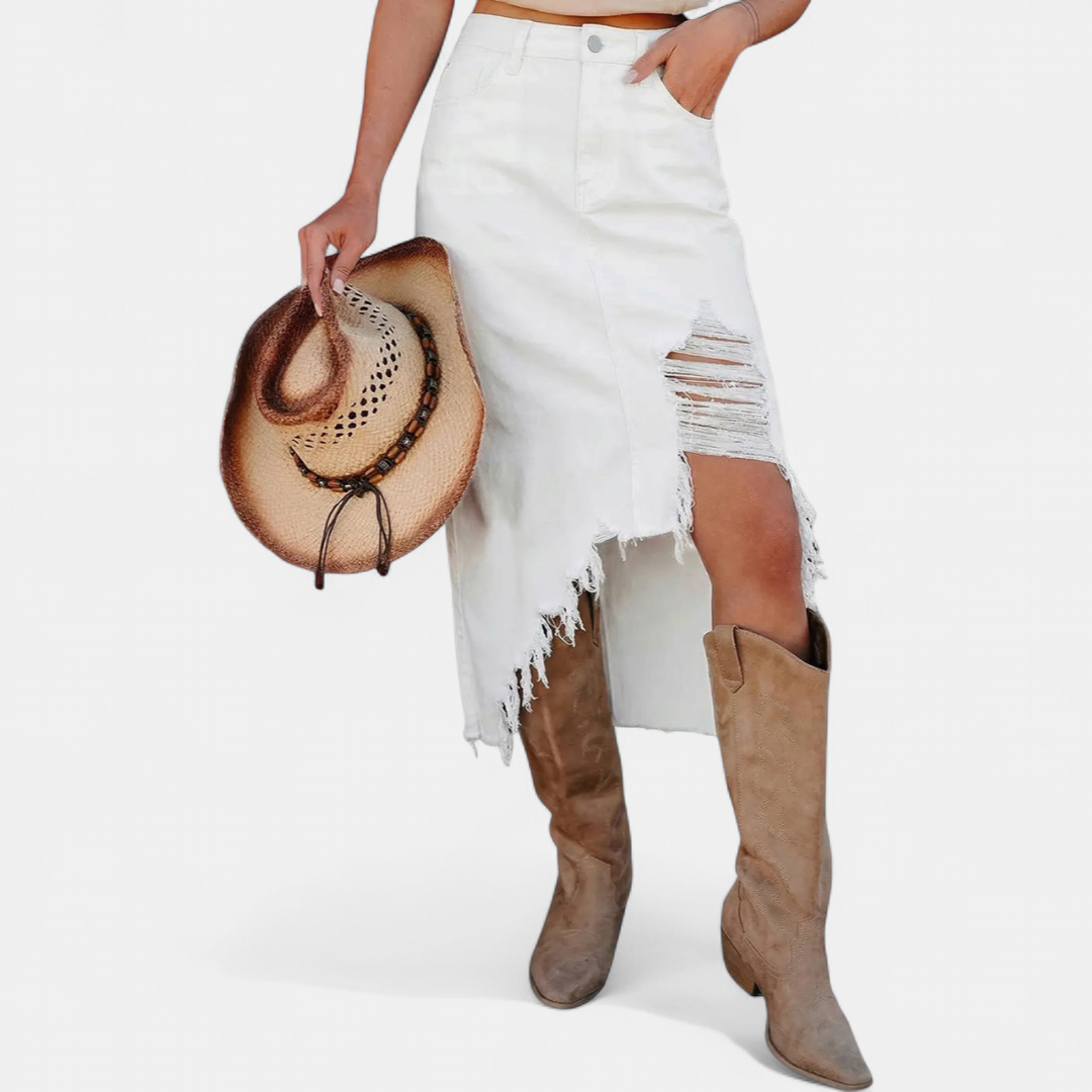 Nikolina – Distressed denimkjol med asymmetrisk kant