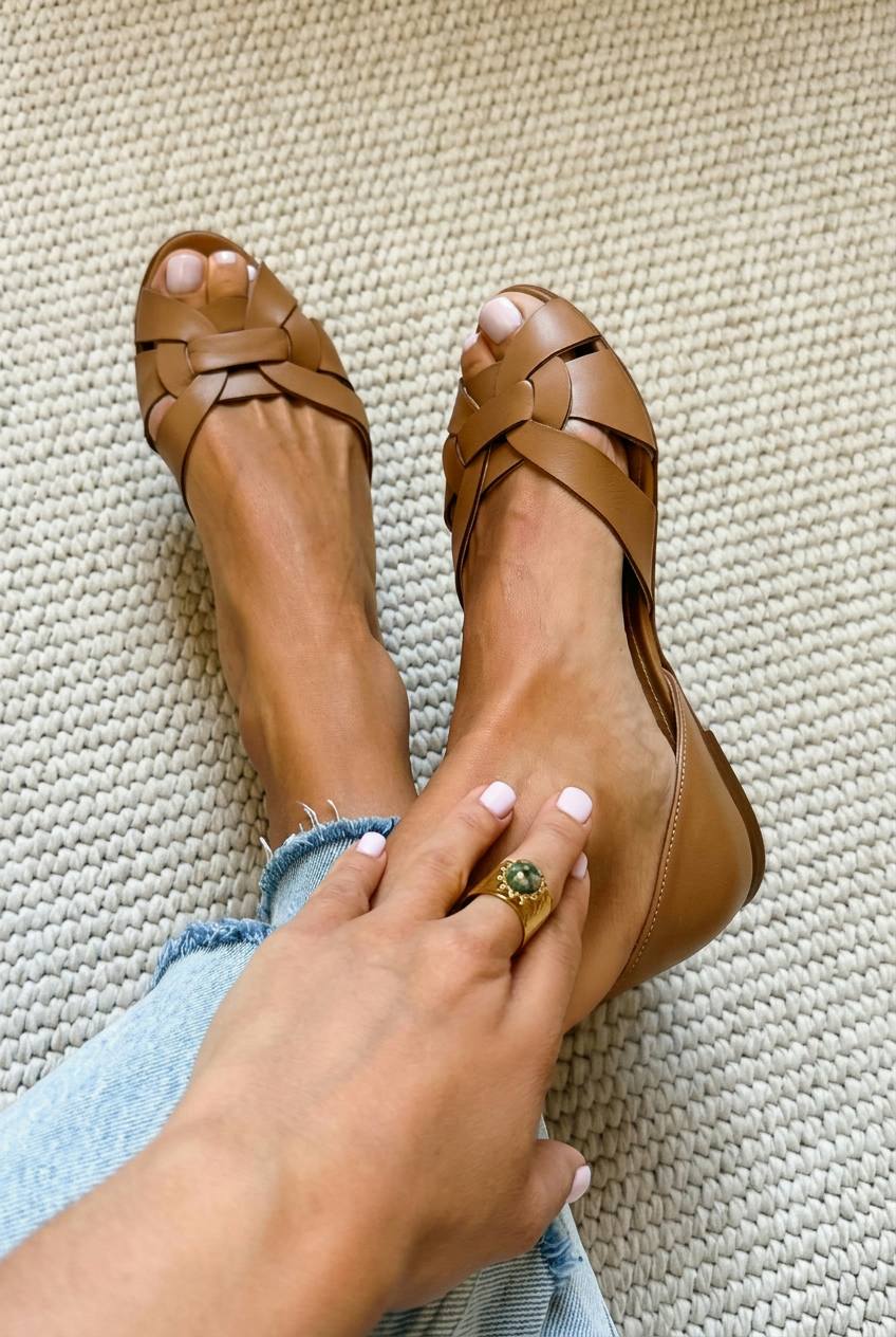 Beata – Flätad peep toe-sandal med korsade remmar