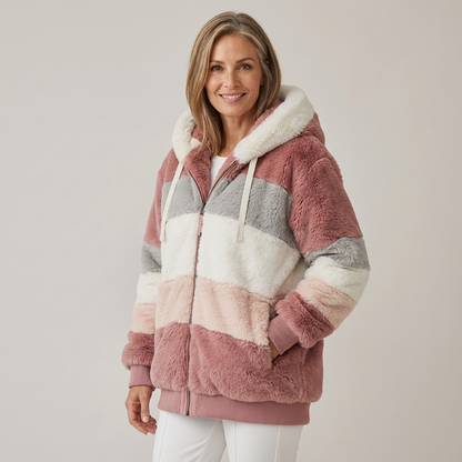 Helena – Fluffig huva-jacka med blockränder