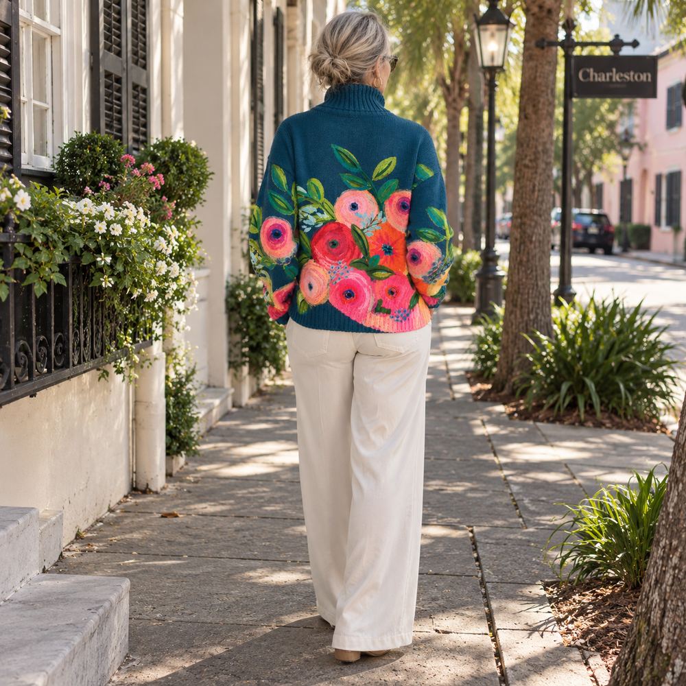 Nanny – Stickad polotröja med blomstermönster