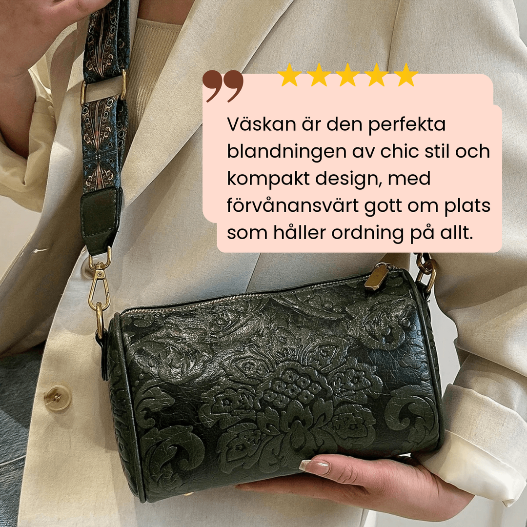 Alva – Cylinderväska med barockpräglat mönster – handgjord av Astrid Göteborg