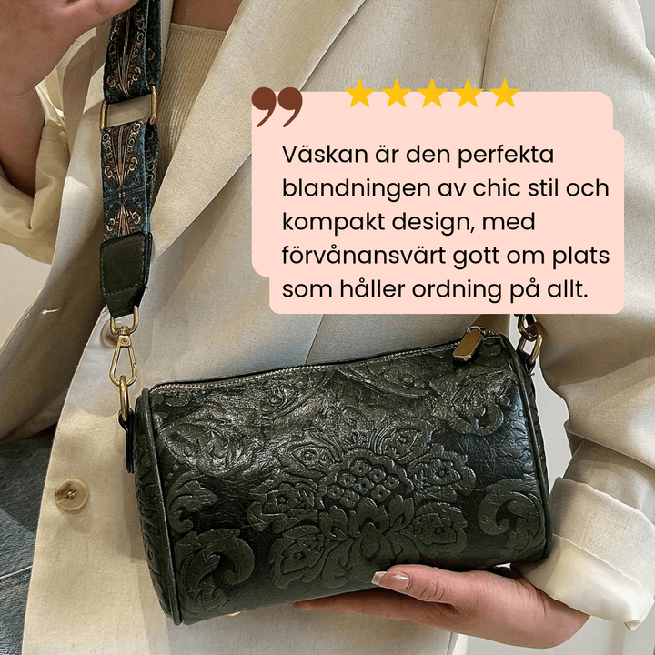 Alva – Cylinderväska med barockpräglat mönster – handgjord av Astrid Göteborg
