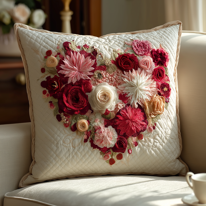 Bodil – Quilterat kuddfodral med broderade blommor