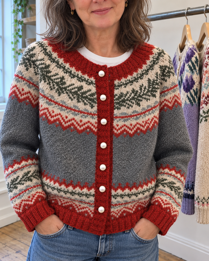Sibylla – Stickad kofta med nordiskt mönster