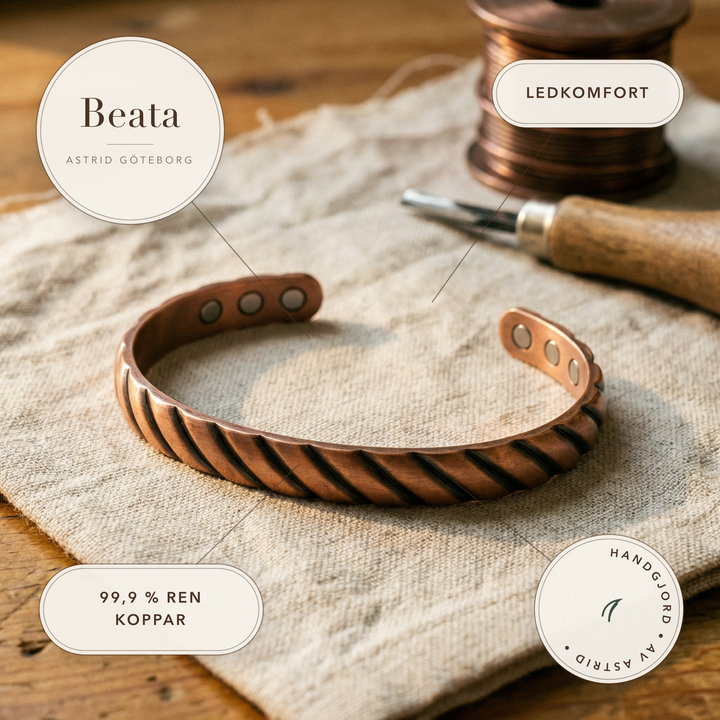 Beata – Magnetarmband i präglad koppar – handgjord av Astrid Göteborg