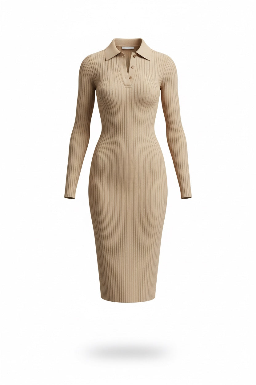 Svea – Randig beige midi­klänning i chic stil