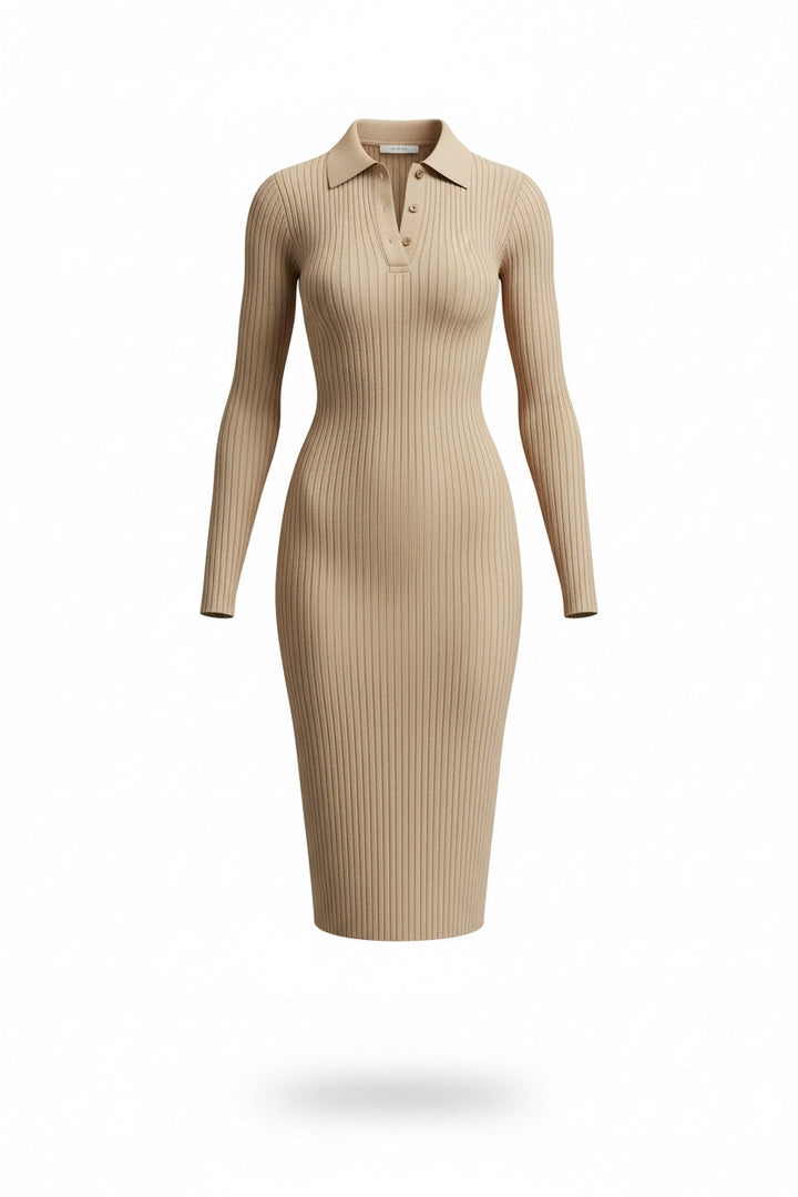 Svea – Randig beige midi­klänning i chic stil