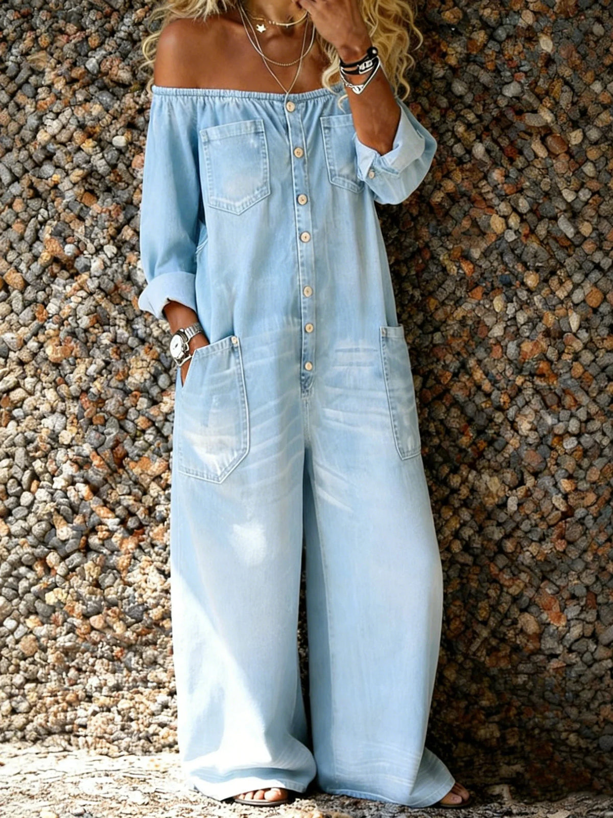 Vanja – Ledig denimjumpsuit med off-shoulder