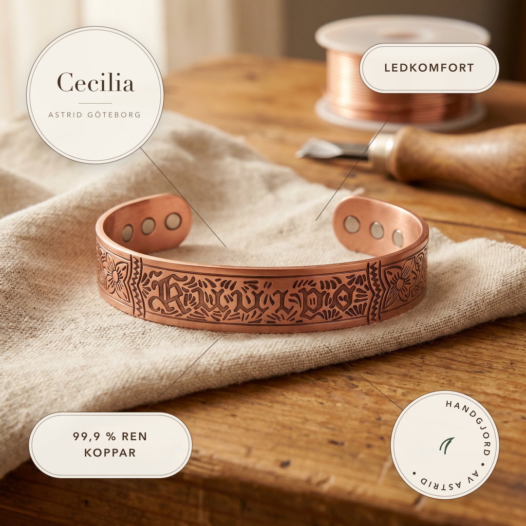 Cecilia – Handgraverat armband i rent koppar – handgjord av Astrid Göteborg