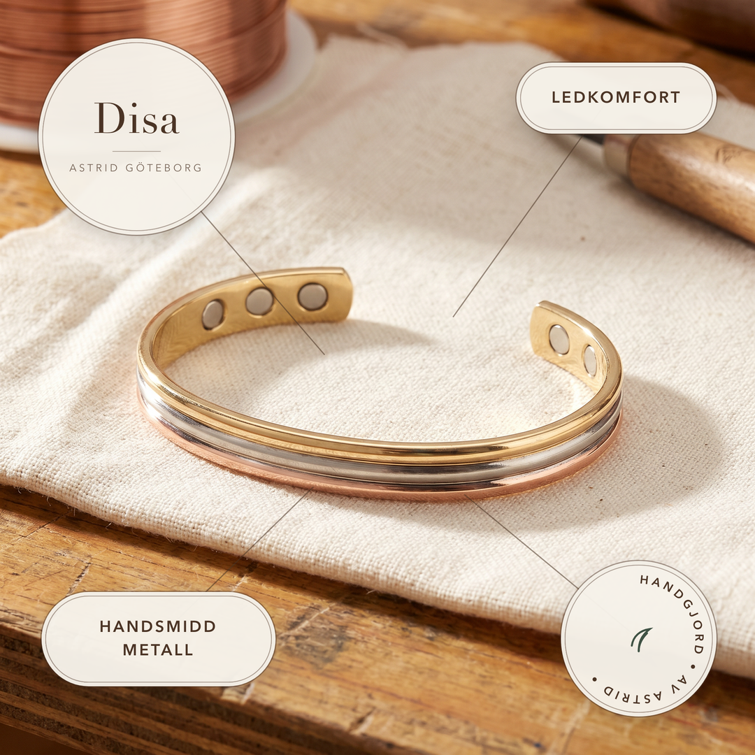 Disa – Magnetarmband i tre metalltoner – handgjord av Astrid Göteborg
