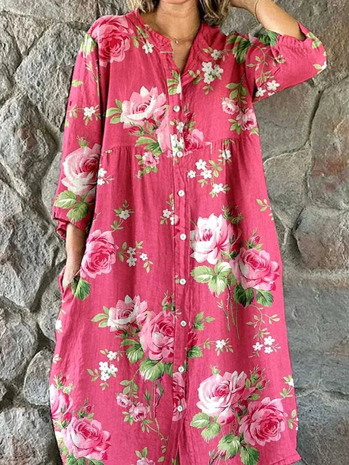 Josefin – Blommig klänning i 100% bomull med v-hals i rosa