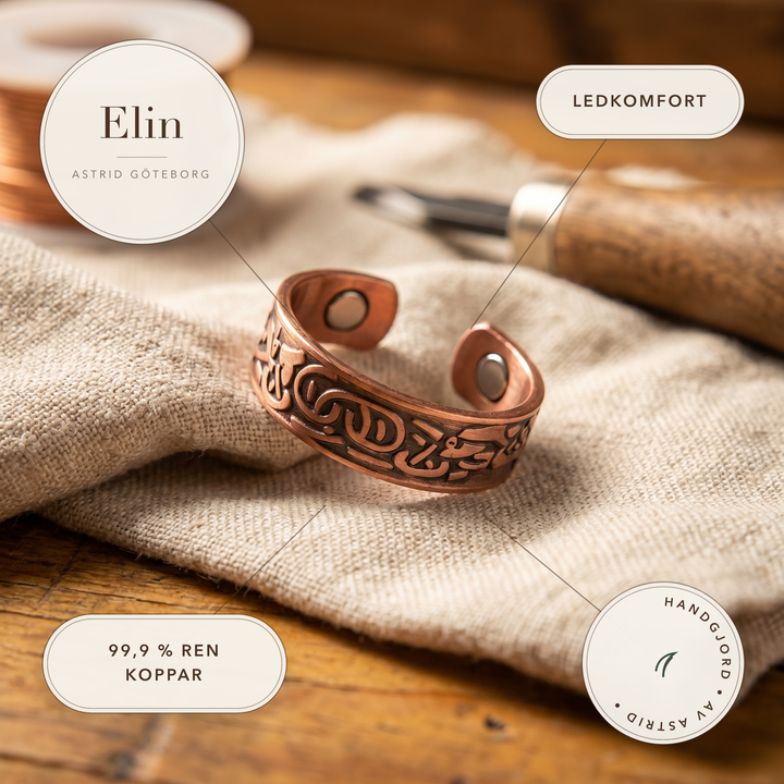 Elin – Handgraverat koppararmband med magneter – handgjord av Astrid Göteborg
