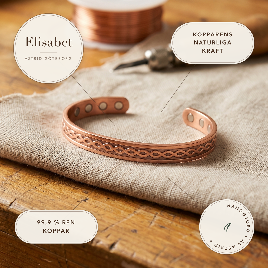 Elisabet – Koppararmband med flätmönster och magneter – handgjord av Astrid Göteborg