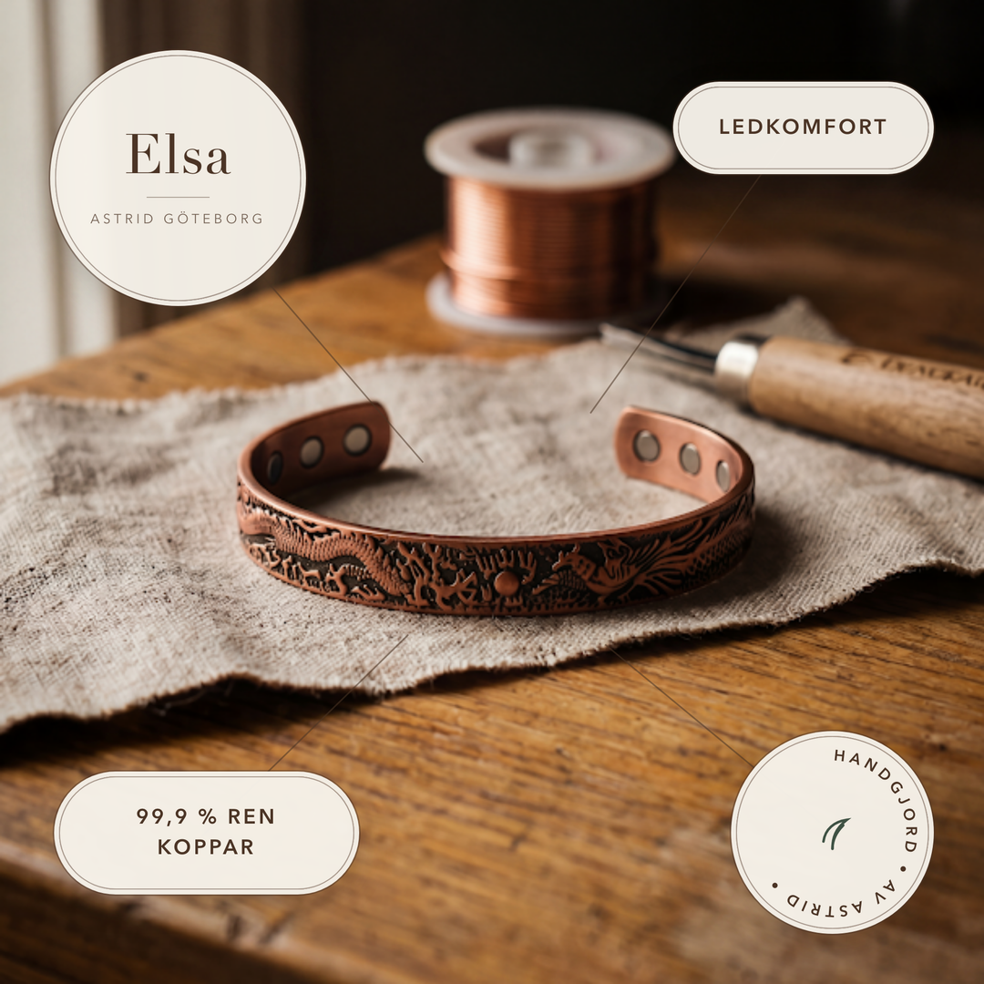 Elsa – Handpräglat koppararmband med magneter – handgjord av Astrid Göteborg