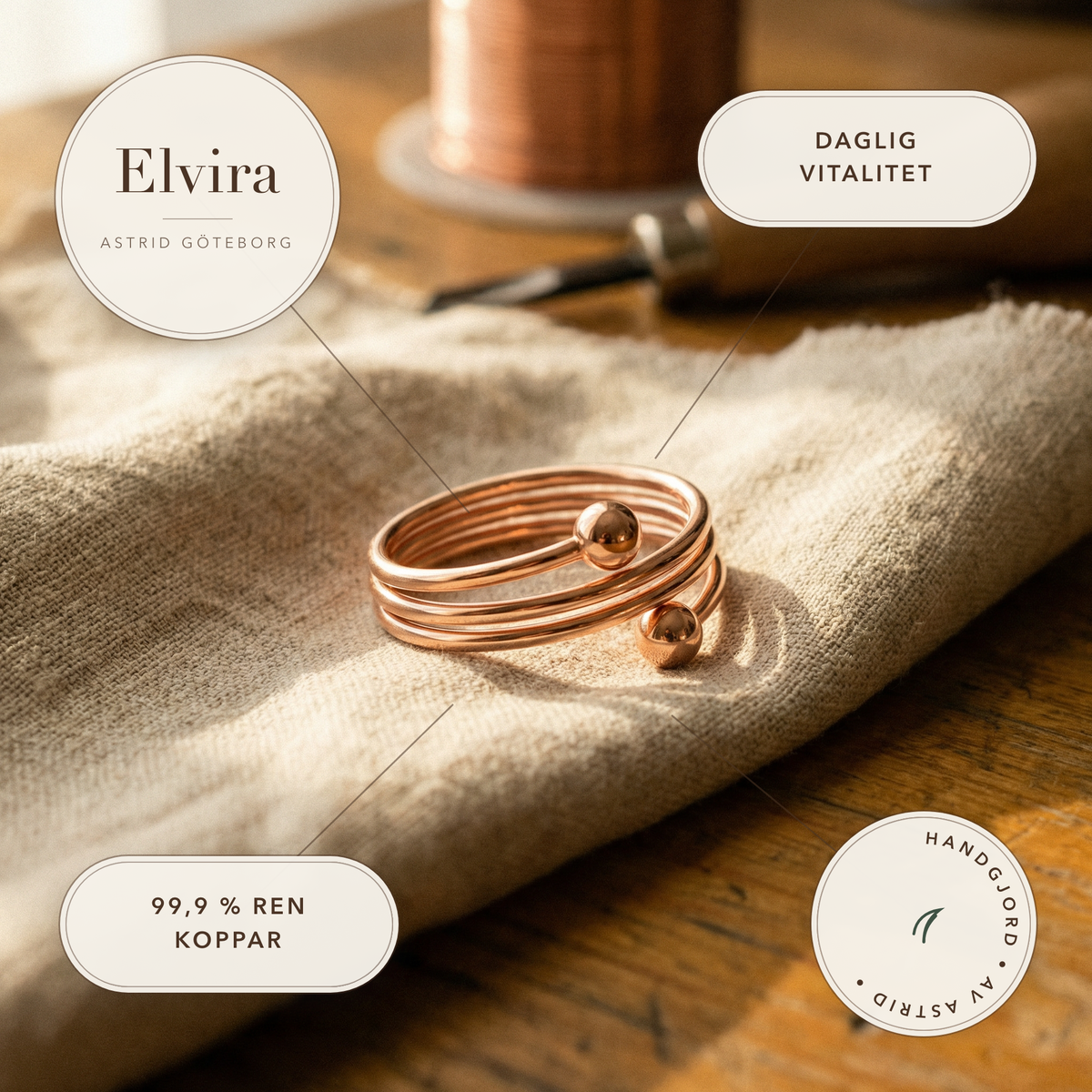 Elvira – Spiralring i rent koppar – handgjord av Astrid Göteborg