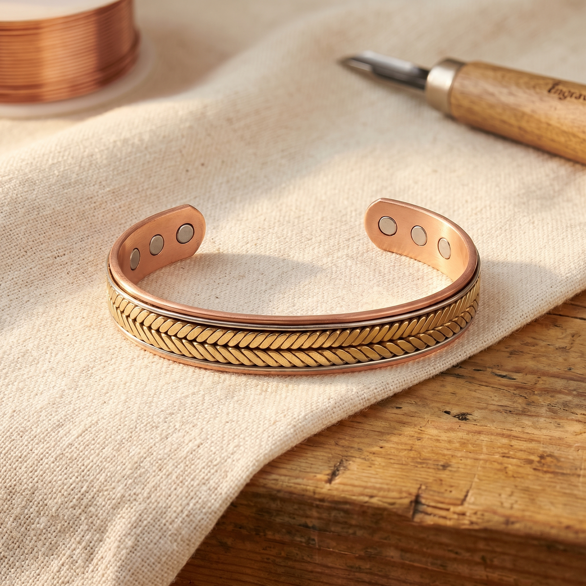 Jenny – Magnetarmband i koppar med flätad dekor