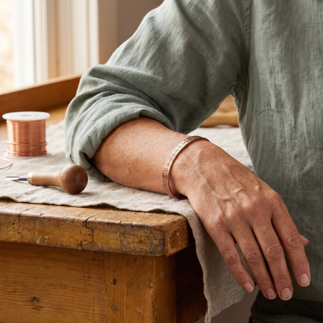 Agneta – Handstämplat koppararmband med blommönster