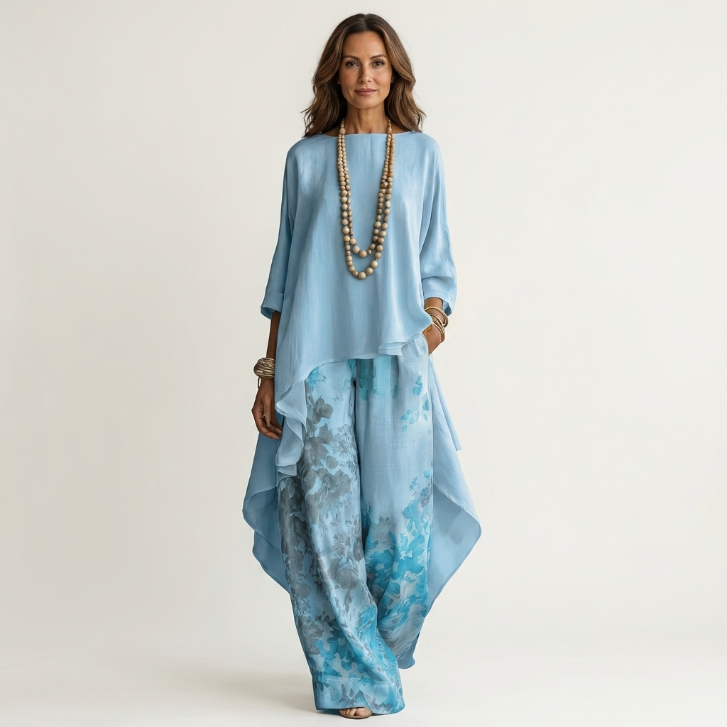 Maud – Asymmetriskt set med blommiga byxor