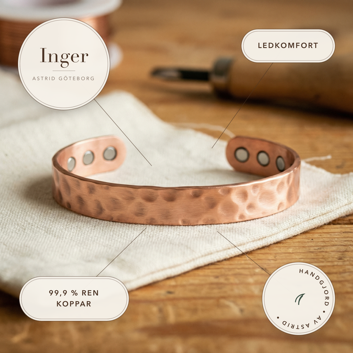 Inger – Handhamrat koppararmband med magneter – handgjord av Astrid Göteborg