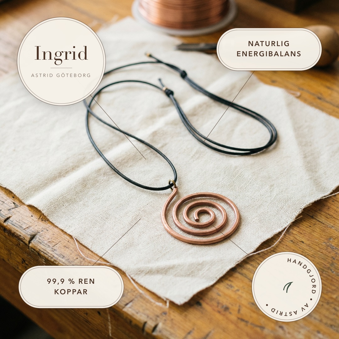 Ingrid – Halsband med spiralpendel i koppar – handgjord av Astrid Göteborg