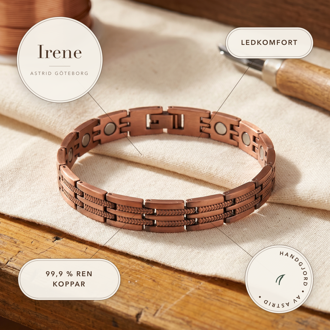 Irene – Magnetarmband i koppar med flätad kant – handgjord av Astrid Göteborg
