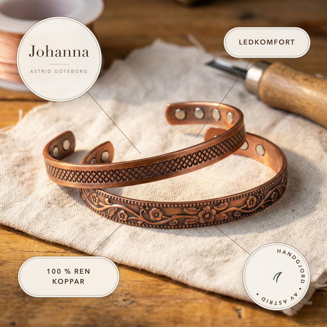 Johanna – Handgraverade koppararmband med magneter – handgjord av Astrid Göteborg