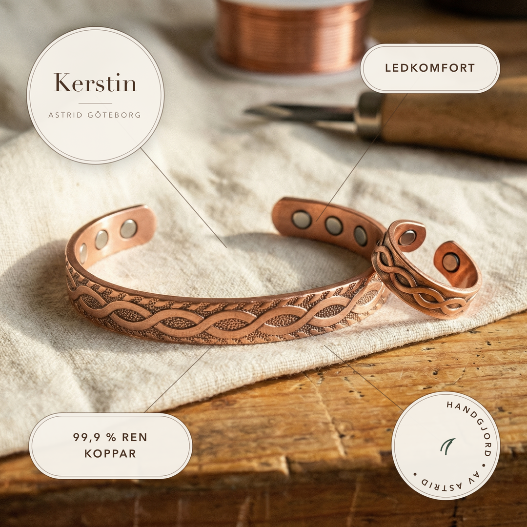 Kerstin – Keltiskt kopparmagneset med flätmönster – handgjord av Astrid Göteborg