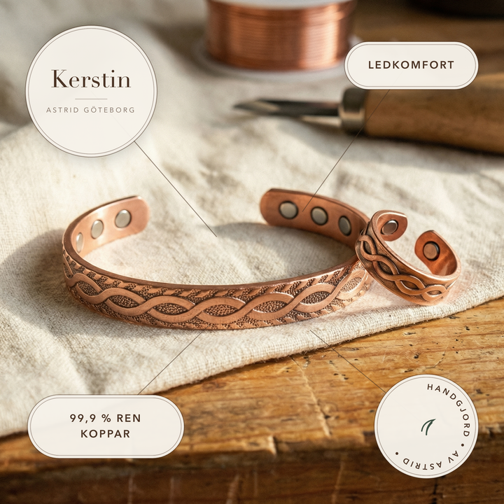 Kerstin – Keltiskt kopparmagneset med flätmönster – handgjord av Astrid Göteborg