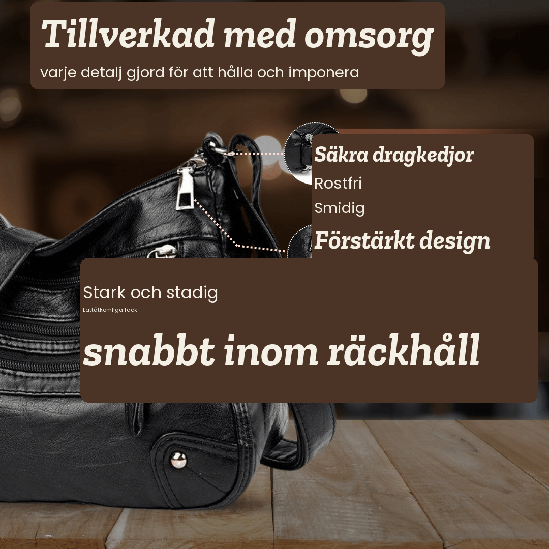 Maj – Axelväska med flera dragkedjefickor – handgjord av Astrid Göteborg