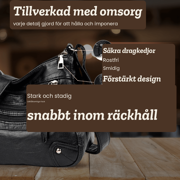 Maj – Axelväska med flera dragkedjefickor – handgjord av Astrid Göteborg