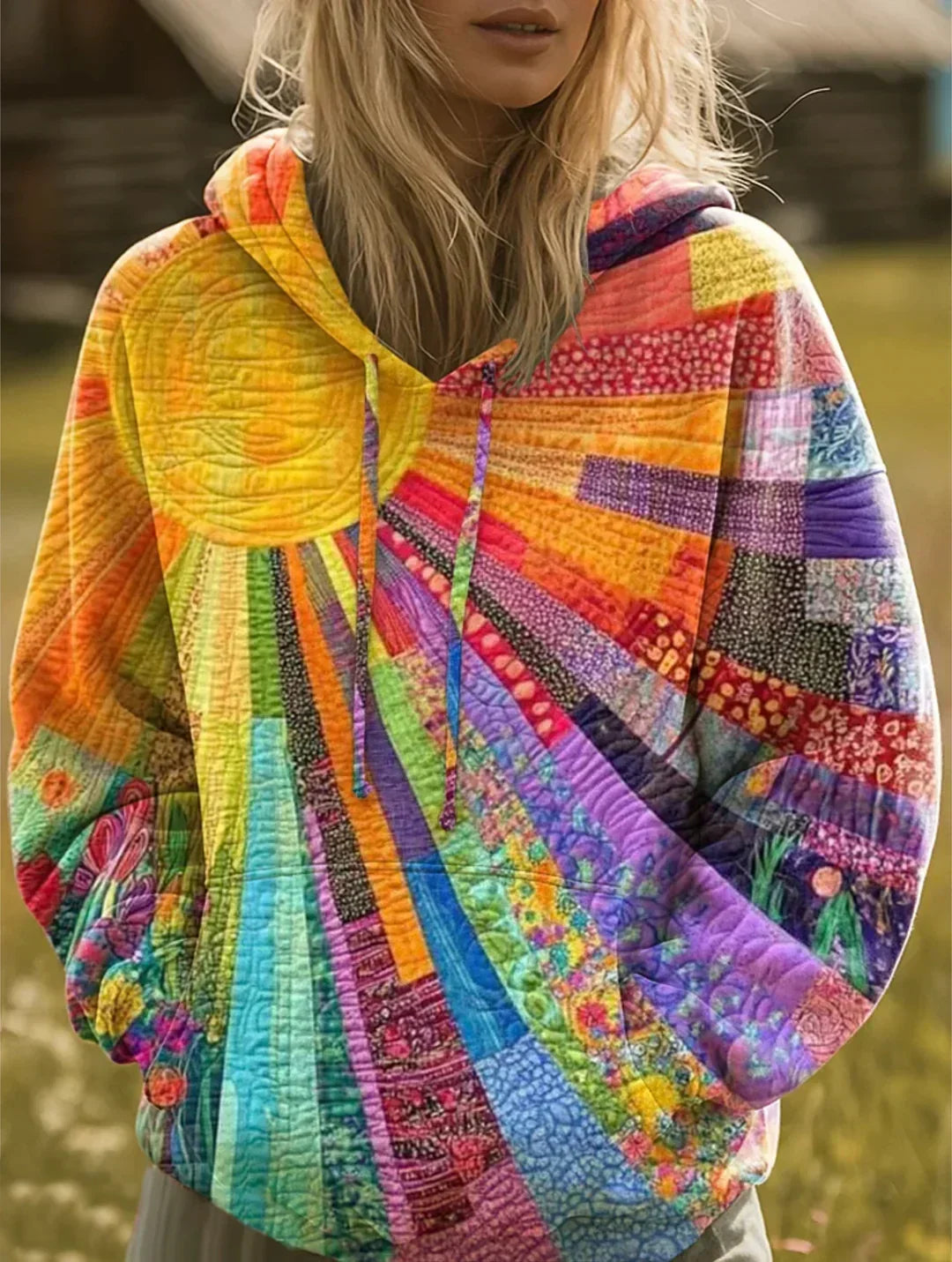 Lovisa – Quiltig huvtröja med solburst-mönster