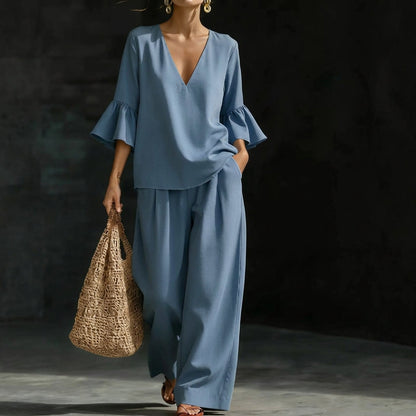 Maj – Blus och palazzo-byxor med volangärm