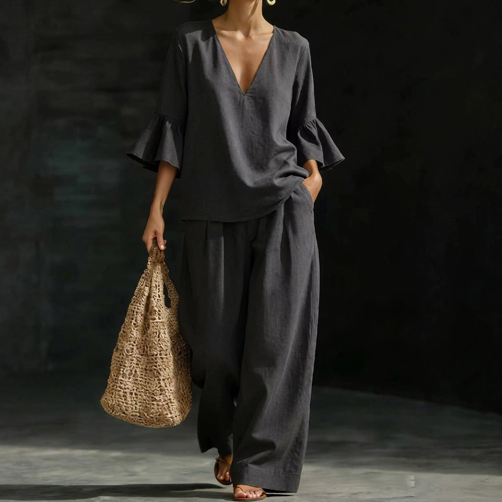 Maj – Blus och palazzo-byxor med volangärm