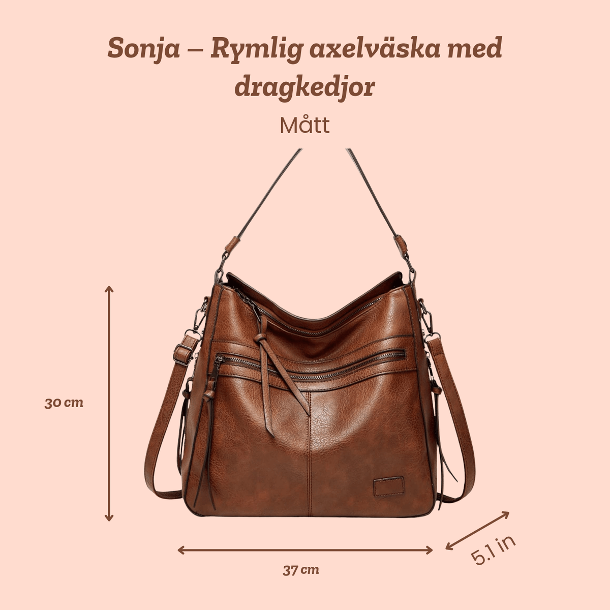 Sonja – Rymlig axelväska med dragkedjor – handgjord av Astrid Göteborg