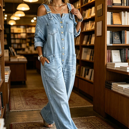 Hillevi – Avslappnad denim jumpsuit med vida ben