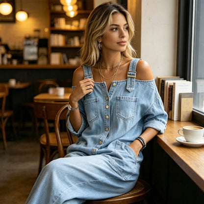 Hillevi – Avslappnad denim jumpsuit med vida ben