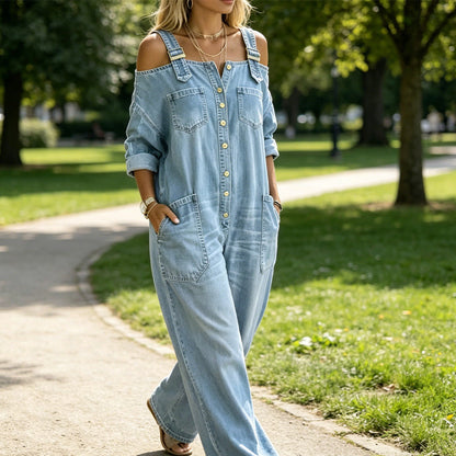 Hillevi – Avslappnad denim jumpsuit med vida ben