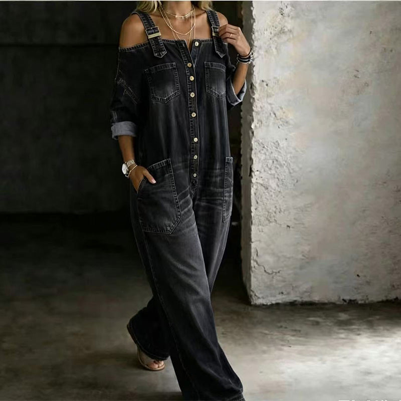 Hillevi – Avslappnad denim jumpsuit med vida ben