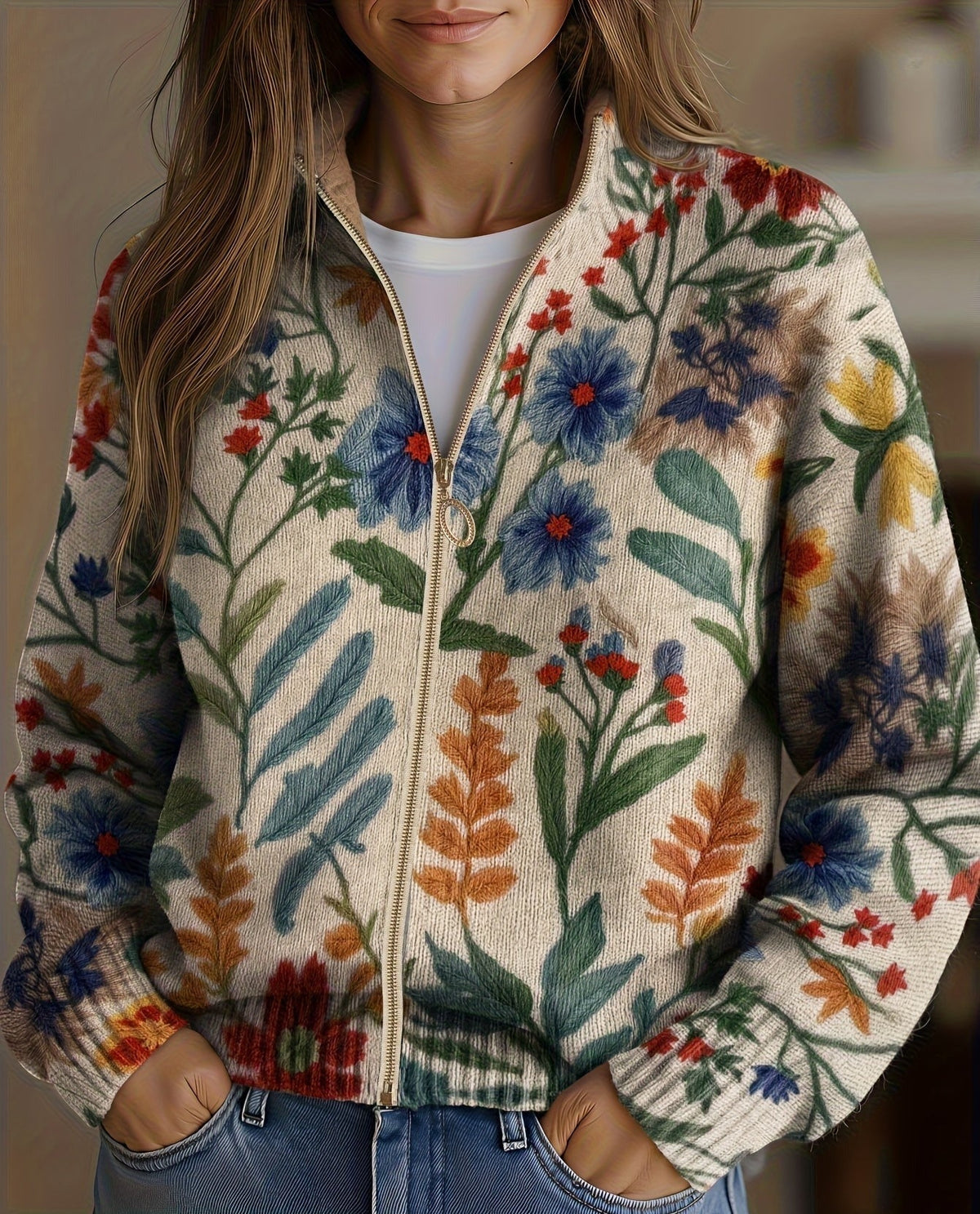 Sofia – Stickad kofta med botaniskt blomstermönster
